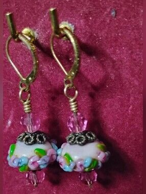 Lovely Little Gems. Handmade Pink Floral Lampwork Drop Earrings